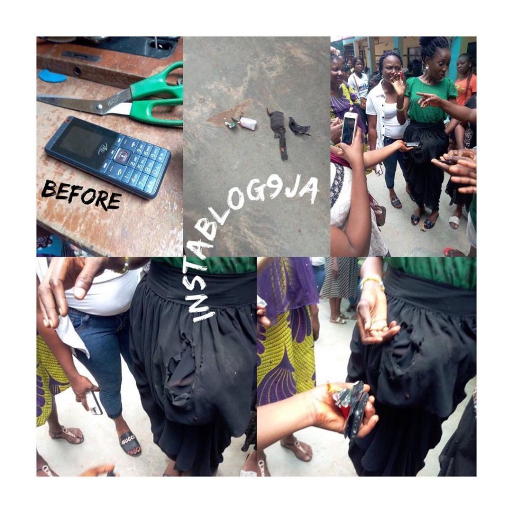 Lady’s skirt burnt after her phone exploded, today, at the New #Benin market, #Edo State