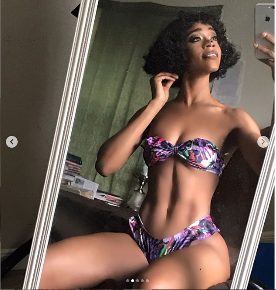 The US-based Nigerian swimsuit model shared these sexy photos of herself posing in a two-piece swimwear in her bedroom.