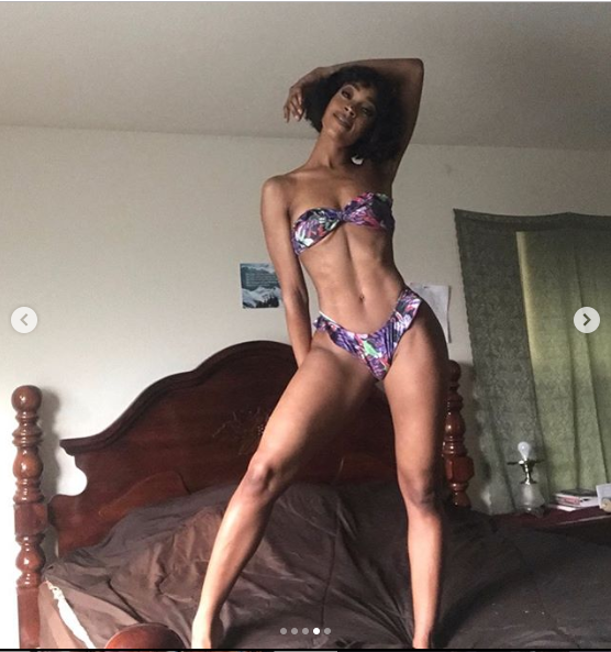 The US-based Nigerian swimsuit model shared these sexy photos of herself posing in a two-piece swimwear in her bedroom.