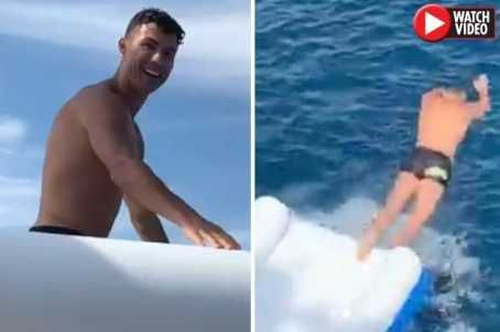 Juventus Star Cristiano Ronaldo has been seen practising his diving skills while on holiday, MySportDab reports. The 34-year-old only recently won the 2019 Nations League with the Portugal National Team. Ronaldo is seen showed his fun-loving side by taking to the water from a giant inflatable slide. Footage posted to the star’s 171million Instagram followers showed him shouting enthusiastically before diving head first down the slide and into the water.