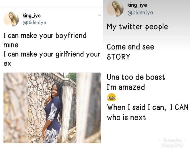 A certain Akin is trending on Twitter and here is the reason. So a lady with the handle @DidenIye took to Twitter to boast that she can make any woman’s boyfriend hers. Another female Twitter user took to her comment section to state that her own boyfriend will not even take a look at DiyenIye let alone date her. The lady who initiated the dare, asked for the boyfriend’s number and started chatting with the guy.