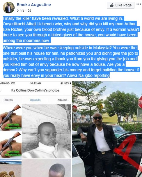 Malaysia Based Man Killed On Visit To Nigeria Was Murdered By Blood Brother Arthur Eze, the Malaysia based man who was killed on first visit to Nigeria after 9 years, was reportedly murdered by his blood brother. 