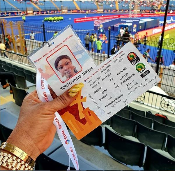 The Nigerian Actress, Tonto Dike already at the stadium to watch the Africa’s Cup of Nation, in her post showing her ticket, she wished the Nigerian players (Super Eagles) a success in their matches. “Wishing the Super Eagles a Huge success!!We Cheering you to success today,WELDONE OUR MEN THEM”