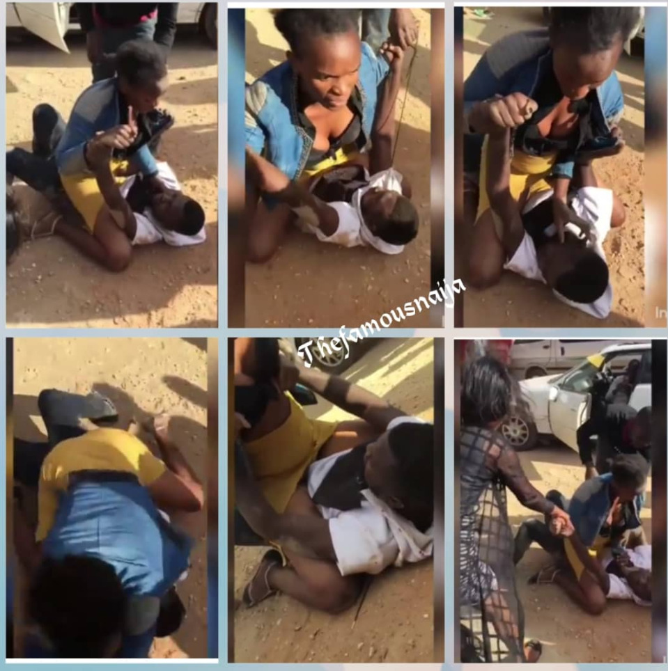 A strong young lady was seen in a viral video beating a man for refusing to pay her after she serviced him through hot sex. The strong lady attacked and overpowered the young man on the road and held him firmly on the ground. People gathered and attempted to separate them and rescue the man but the lady wasn’t having it. A Nigerian man, Mikkidreamsbig, who reacted to the video slammed the people around for not doing much to save the guy: “People are animals noone among those grown men can stop them. Animal farm.”