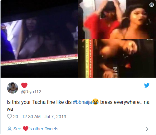 Big Brother Naija housemate,Tacha, left little to the imagination after she wore a tiny crop top that put her full boobs on display to the Saturday night party.  Dj Xclusive was on hand to provide club banging tunes as the housemates had a swell time but Tacha stole the headlines with her ‘boobs’.  See photos and reactions below….