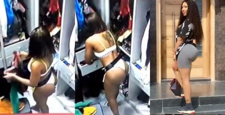 BBNaija 2019 is getting hot as some of the housemates are already peppering the viewers with their backside. This is a photo of Mercy flaunting her backside while dressing up.