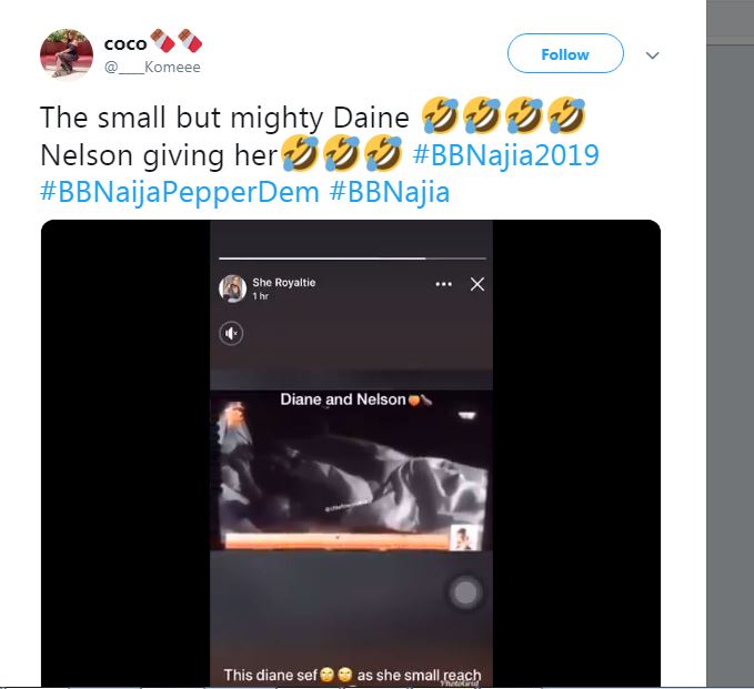 Yesterday, while laying down on the bed, it could be viewed and caught on cam the movement of the Big Brother Naija housemate, Nelson on the beautiful Diane.