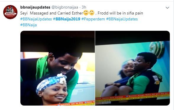 The Big Brother Naija housemate, Seyi Awolowo massages Esther in the house, after which he carried her up.