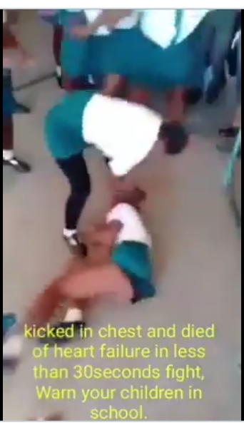 Student Dies After Being Kicked In The Chest By Fellow Student (Graphic) A twitter user @Murjaatu1 shared a very graphic video of two student fighting and one died after being kicked in the chest.