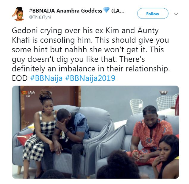 The Big Brother Naija housemate, Khafi consoles Gedoni as he cries over the eviction of Kim as she was evicted from the Big Brother house yesterday.