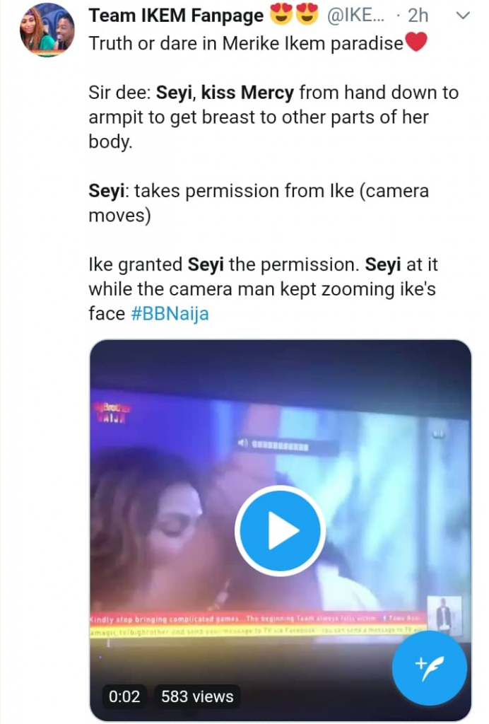 Sir Dee asked Seyi to kiss Mercy from hand down to armpit to breast, chest, neck, cheek, other parts of her body. Seyi took permission from Ike (Mercy’s BBNaija boyfriend). Ike granted Seyi the permission. And Seyi Swung into action and delivered as instructed. But the look on Ike’s face though. See how fans reacted to it.