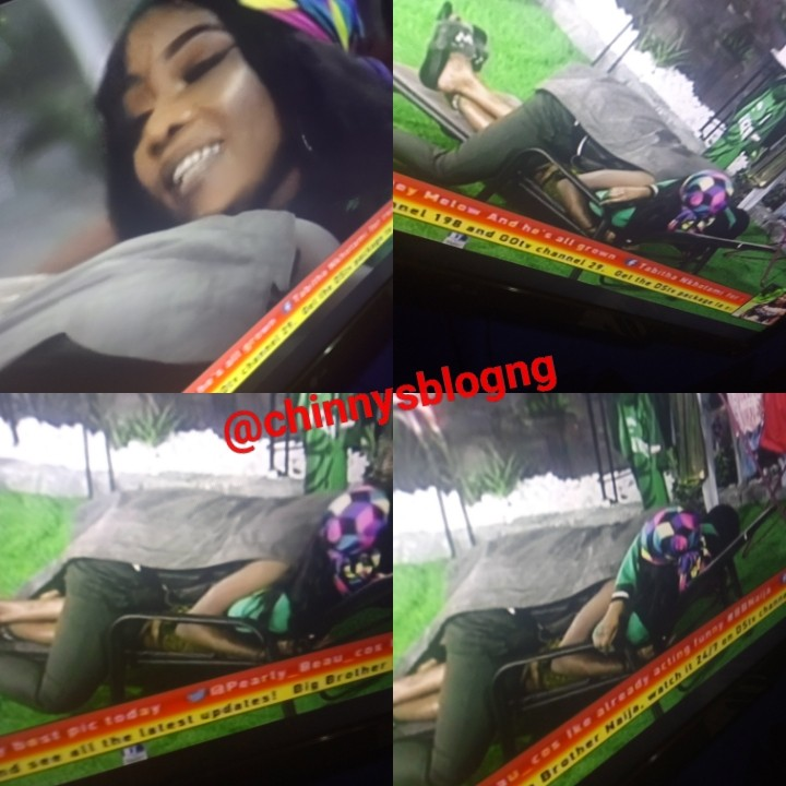 It seems Seyi is already catching trips for Tacha as he was seen all over her after the Saturday night party. Tipsy Seyi was discussing with Tacha how a housemate stole his Drink from the wardrobe, not long into their discussion, he fell on her sleeping over her. Recall that Seyi said that he nominated Tacha for eviction because he was already falling in love with her.