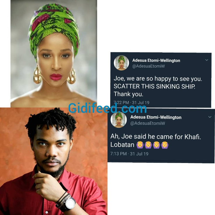 See Adesua’s Reaction As Biggie Introduces Khafi’s Ex-Boyfriend As Housemate Nollywood Actress, Adesua Etomi feels happy as Bigge Introduce Khafi Ex- Boyfriend, Joseph dallah also known as JOE into the on going Big Brother Naija House.