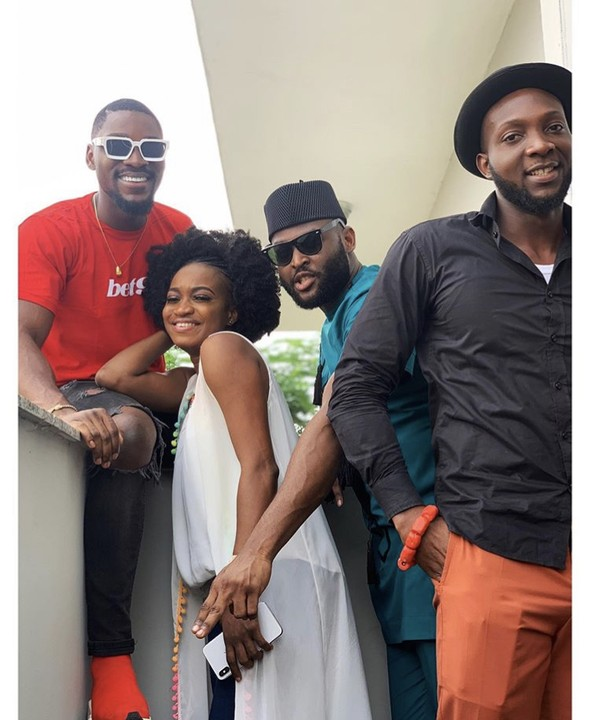 Evicted housemates from the 4th edition of the Big Brother Naija reality TV show, Thelma, Nelson and Tuoyo was pictured with ex contestant, Tobi Bakre.