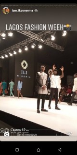 Bbnaija star Ike makes looks so dope in a beautiful black mixed with white Mafian suit as he walks majestically at Lagos fashion week runway.