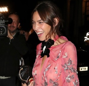 British model, writer and TV presenter, Alexa Chung was spotted recently, wearing a pink, see through blouse with some silver embroidery, while at the same time, not wearing a bra under, giving us a nice view at her tits. In the case you did not see her love, we got you covered with a few nice paparazzi photos and a close- up, for a full effect of a braless celebrity.