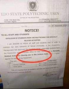 Edo State Polytechnic Expels 2 Students Caught Having Sex In Lecture Hall