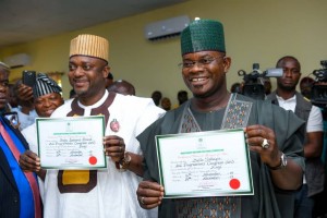 Presentation of Certificate of Return to the Winner of #KogiDecides2019 by the Hon. National Commissioner, Mallam Mohammed K. Haruna at the INEC State Head Office, Lokoja, Kogi State.