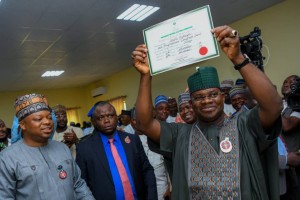  Presentation of Certificate of Return to the Winner of #KogiDecides2019 by the Hon. National Commissioner, Mallam Mohammed K. Haruna at the INEC State Head Office, Lokoja, Kogi State.