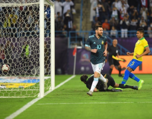 Lionel Messi scores on his return to the national team as Argentina beat Brazil 1-0 in an international friendly match at the King Saudi University Stadium on Friday night.  The 32-year-old FIFA Player of the Year back to La Albiceleste after banned in the wake of the 2-