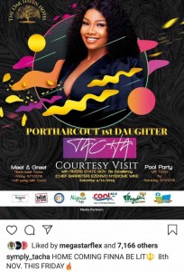 Controversial ex-BBNaija housemate, Tacha aka Port Harcourt’s first daughter, has finally returned back to Instagram with good news for her Titans in Port Harcourt. The controversial reality star announced that she’s set to come back to her base (Port Harcourt) on the 8th of November, 2019. She will also be having a pool party on Saturday with her Titans.