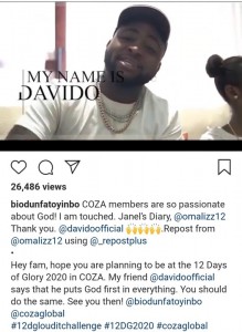 Davido was spotted in a recent Pastor Biodun Fatoyinbo’s COZA advert with Elizabeth Omale, Founder of Janel’s Diary and her daughter.