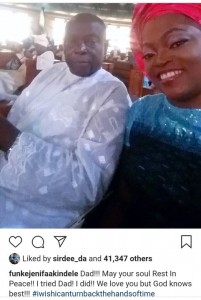 Star actress, Funke Akindele has announced the death of her father. Announcing his demise, the actress shared a photo with her dad and wrote: Dad!!! May your soul Rest In Peace!! I tried Dad! I did!! We love you but God knows best!!! #iwishicanturnbackthehandsoftime