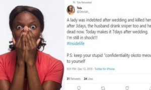 A Twitter user has shocked her followers after narrating how a couple’s debt after marriage forced them to commit suicide. A Nigeria lady simply identified as Tola has taken to her Twitter account with the handle @detolah_to narrate how a newly wedded couple allegedly committed suicide in Nigeria.