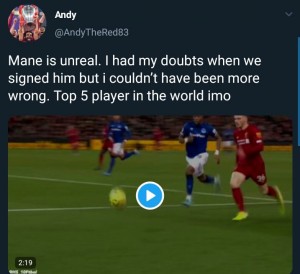 Sadio Mane Sends Alex Iwobi Back To Nigeria With Great Skill In 5-2 Win (Photos)      Sadio Mane showed his class yet again with a sublime skill to get pass Everton Star Alex Iwobi in the 5-2 last night, MySportDab reports.