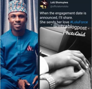    Radio personality and ex-BBnaija housemate, Lolu Shomuyiwa has finally announced engagement to his girlfriend.