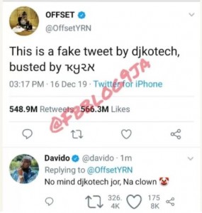    Davido and Cardi B’s husband, Offset, have clarified after alleged tweets of the celebrities fighting each other surfaced. 