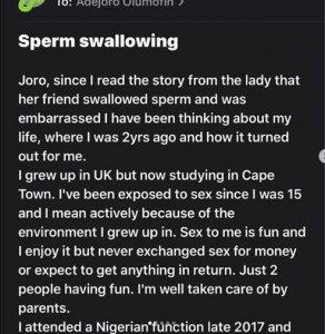 Relationship adviser and blogger, Joro Olumofin has shared the story of a lady who swallowed the sperm of her lover during oral s*x and this landed her in trouble.