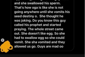 Relationship adviser and blogger, Joro Olumofin has shared the story of a lady who swallowed the sperm of her lover during oral s*x and this landed her in trouble.