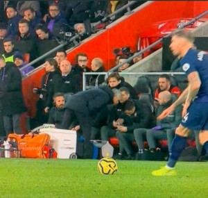 Jose Mourinho Get’s a yellow Card For Looking At Southampton’s Tactics Sheet      Jose Mouinho at it again, got booked by the ref for going over to Southampton’s coach’ stand and looking at their tactic sheet.