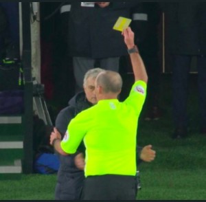 Jose Mourinho Get’s a yellow Card For Looking At Southampton’s Tactics Sheet Jose Mouinho at it again, got booked by the ref for going over to Southampton’s coach’ stand and looking at their tactic sheet.