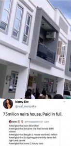 BBNaija 2019 winner, Mercy Eke has finally revealed the huge amount she paid to acquire her mansion.   Reality TV star, Mercy Eke has opened up on how much she bought her 4-bedroom mansion.  According to the reality star, she coughed out a whopping N75 million Naira to acquire the edifice