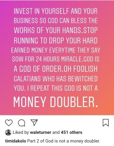 Timi Dakolo has taken to his social media page to attack pastors who cajole their members to sow seeds, saying that God’s blessings are not for sale.    He advised his followers to invest their money in profitable businesses rather than using it to sow seeds at the request of their pastors.   The singer added that God is not a money doubler and warned followers who may be deceived or feel cajoled by men of God to sow seeds in order to receive blessings.   He added that “God’s blessing is not for sale” and they shouldn’t allow themselves to be “manipulated” by pastors.  See his posts below: 