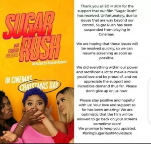 The National Film and Video Censors Board has ordered cinemas nationwide to stop showing a recently released movie, Sugar Rush. The NVFCB, Executive Directo