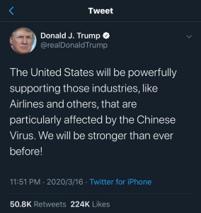 The United States will be powerfully supporting those industries, like Airlines and others, that are particularly affected by the Chinese Virus. We will be stronger than ever before! America President, Donald trump as spark outrage and great comments from around the world since yesterday night that his tweet about corona virus was refer to as CHINESE VIRUS . Some people says trump is racist while some applaud him of saying the truth of the origin of the virus