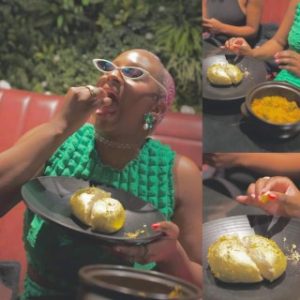 DJ Cuppy Eats Gold-plated Pounded Yam