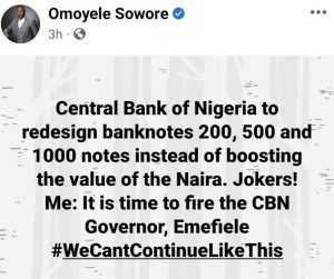 Sack Emefiele Now - Sowore Reacts To Redesigning Of Naira Notes