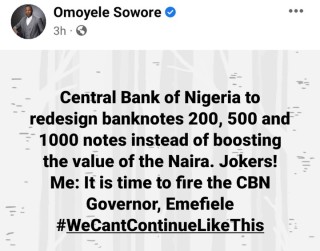 Sack Emefiele Now - Sowore Reacts To Redesigning Of Naira Notes