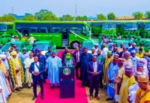 Ganduje Launches Kano Mass Transit Scheme With 100 Buses, 50 Taxis