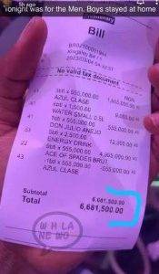 YhemoLee Shows Off Receipt Of N6M He Spent On Drinks In One Night