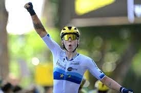 Lorena Wiebes defeats Marianne Vos in a sprint finish on stage three of the Tour de France for women in 2023.