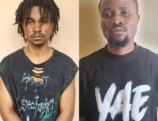 Two alleged internet fraudsters are detained by the EFCC at Skales' home on October 10, 2023.