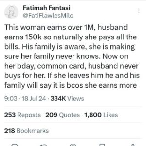 Wife Who Earns More And Foots The Bills Laments That Her Husband Failed To Buy Her Birthday Gift From His Meager Salary