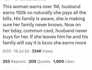 Wife Who Earns More And Foots The Bills Laments That Her Husband Failed To Buy Her Birthday Gift From His Meager Salary