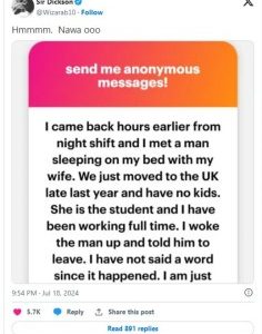 Nigerian man in UK devastated as he finds his wife in bed with another man just months after their relocation