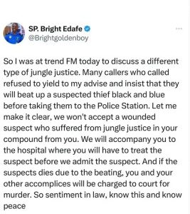 Police Won’t Accept A Wounded Suspect Who Suffered From Jungle Justice In Your Compound From You” – Delta Police PRO Warns Nigerians